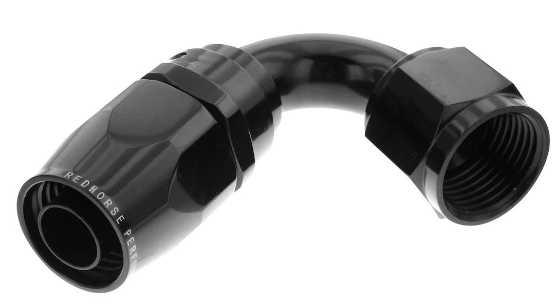 1120-08-2 – REDHORSE Hose End Fitting, -8 AN Hose -8 AN Outlet 120 Degree Anodized Black Aluminum Single